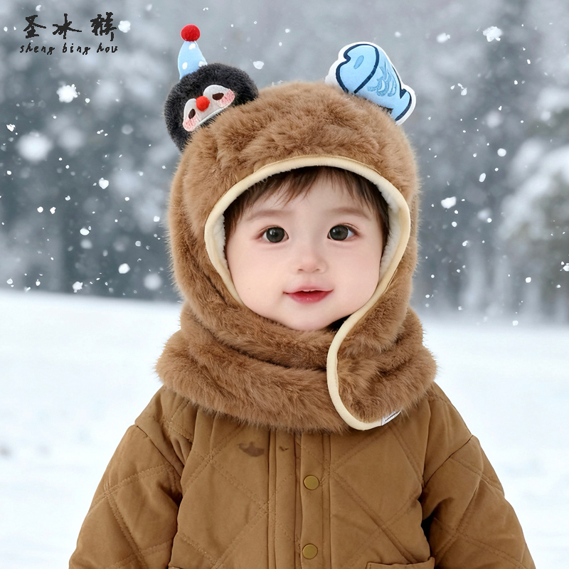 韩版宝宝帽子可爱毛绒加厚套头外出防寒围脖一体帽男女婴儿百搭潮