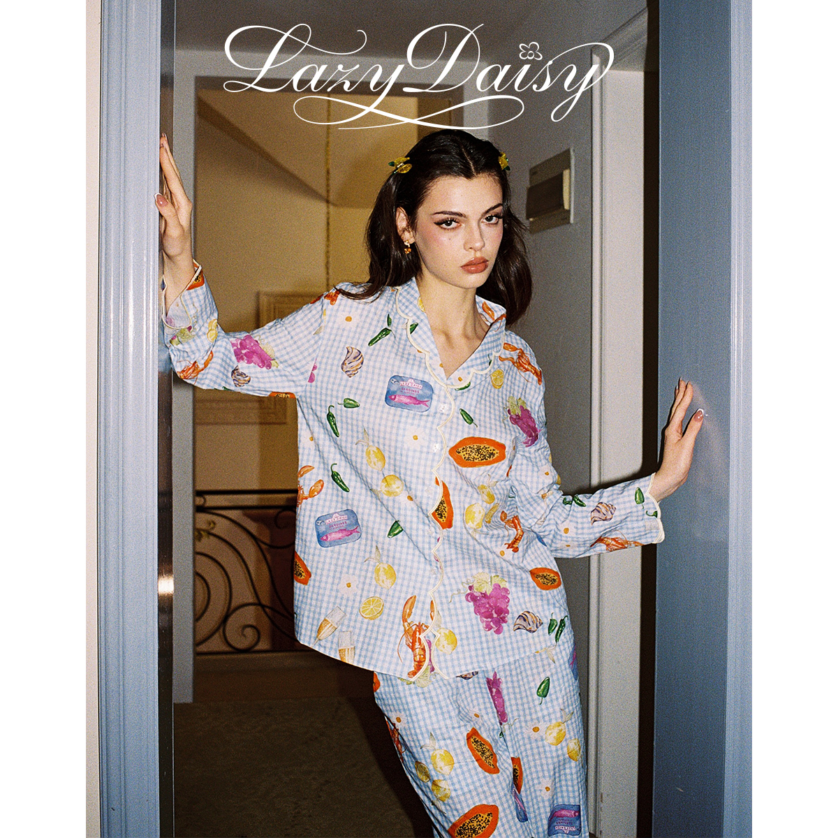 格纹印花纯棉睡衣可外穿家居服