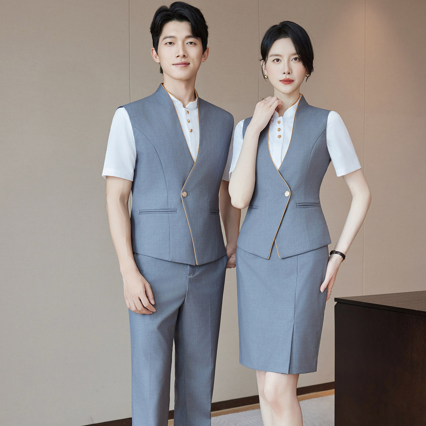 灰色马甲套装裤男女职业工装高档酒店餐饮前台工作服礼物仪接待制