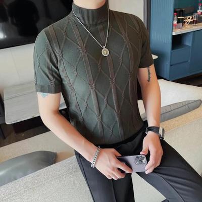 圣保蒙轻奢男装菱形格短j袖T恤半高领针织t毛衣痞帅高级感秋季打