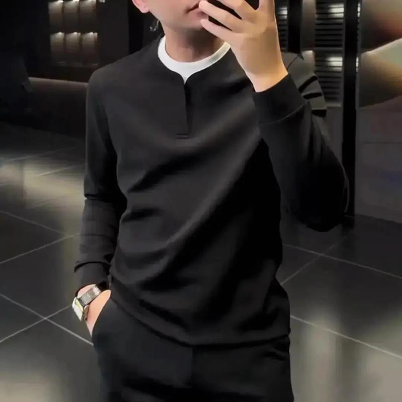 萧筱轻奢秋冬男士长袖假两件净版双Z领卫衣休闲撞色拼接打底衫上