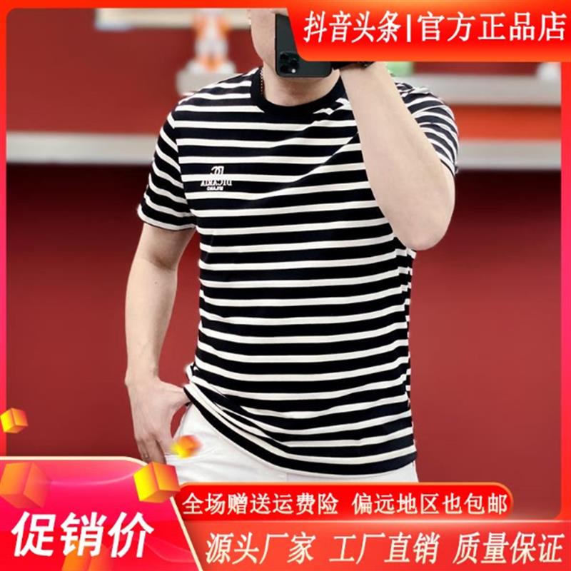佐罗轻奢夏季爸爸新款条纹T恤男士百搭时尚休闲圆领修身短袖t恤
