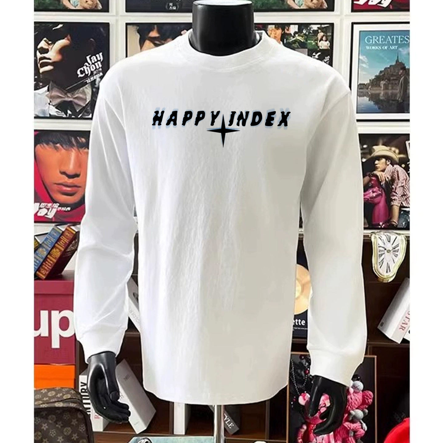 白色纯棉长袖T恤男春秋季新款美式设计感圆