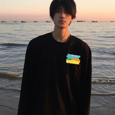 早秋高级感痞帅男式纯棉长袖t恤2025新款爆款出游松弛感穿搭上衣