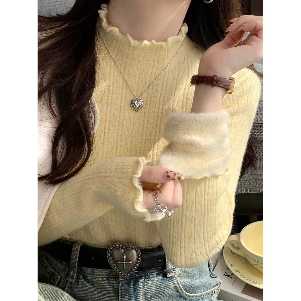 大码胖mm温柔加厚加绒针织衫毛衣女秋冬打底衫内搭绝美木耳边上衣