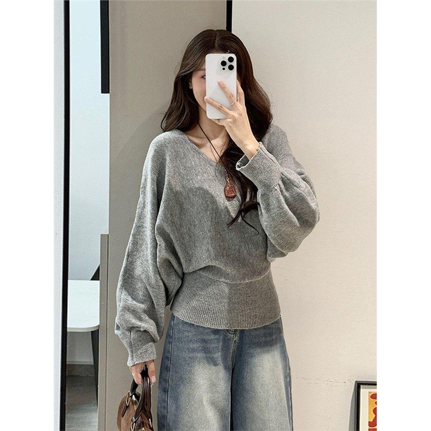 大码胖mm韩系慵懒风V领蝙蝠袖针织衫女秋季绑带收腰显瘦毛衣上衣