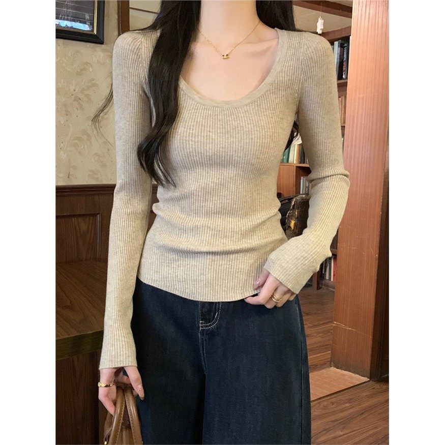 燕麦色U领坑条毛衣针织衫女秋冬时髦正肩长袖打底衫修身百搭上衣