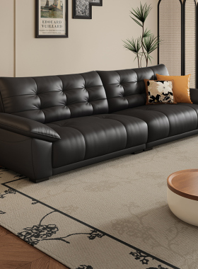 途帛覆古风真皮沙发大黑熊头层牛皮小户型客厅黑色泡芙直排三人位