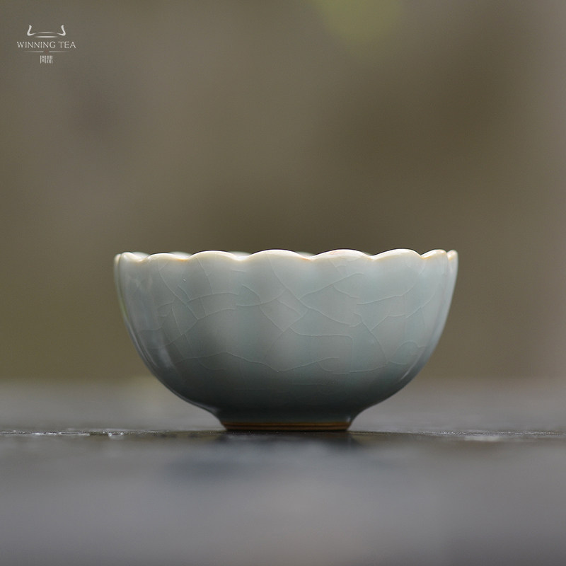 问鼎天青汝瓷鼎峰紫金釉莲花杯花口主人杯汝窑开片景德镇高端茶杯