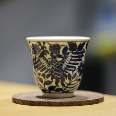 天石窑白陶泥花神杯凤穿牡丹茶杯