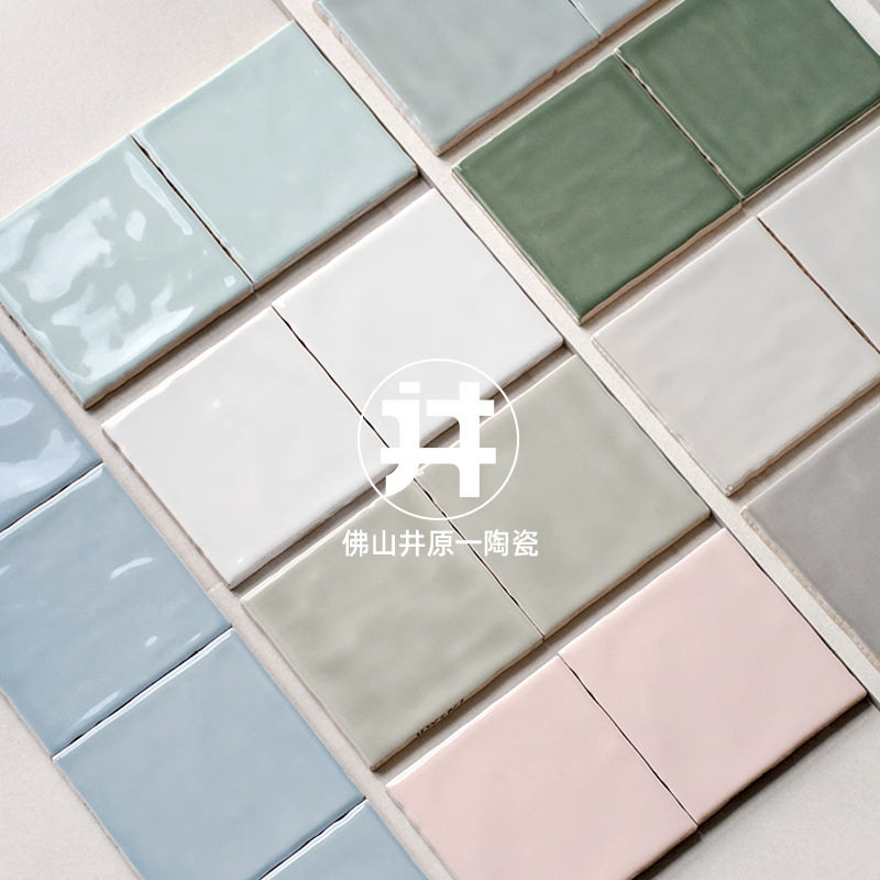 蓝色亮光手工砖100x100餐厅奶茶店吧台背景墙 厨房卫生间方形瓷砖