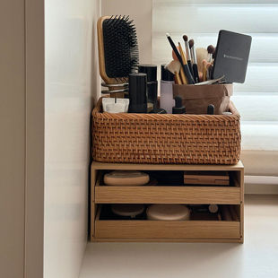 桌面化妆品收纳一体柜木质抽屉式护肤品收纳篮梳妆台置物架整理盒