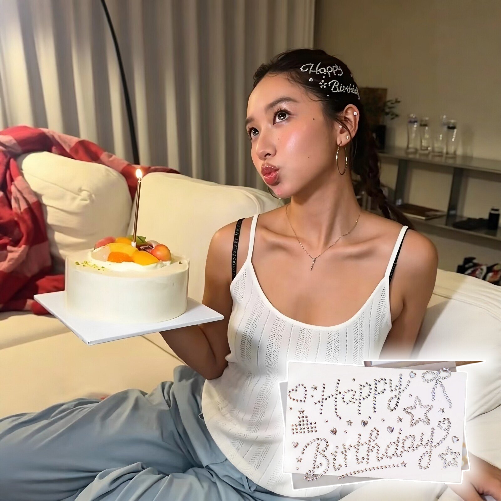 happy birthday闪钻头发贴纸少女心立体贴钻生日氛围拍照出片神器