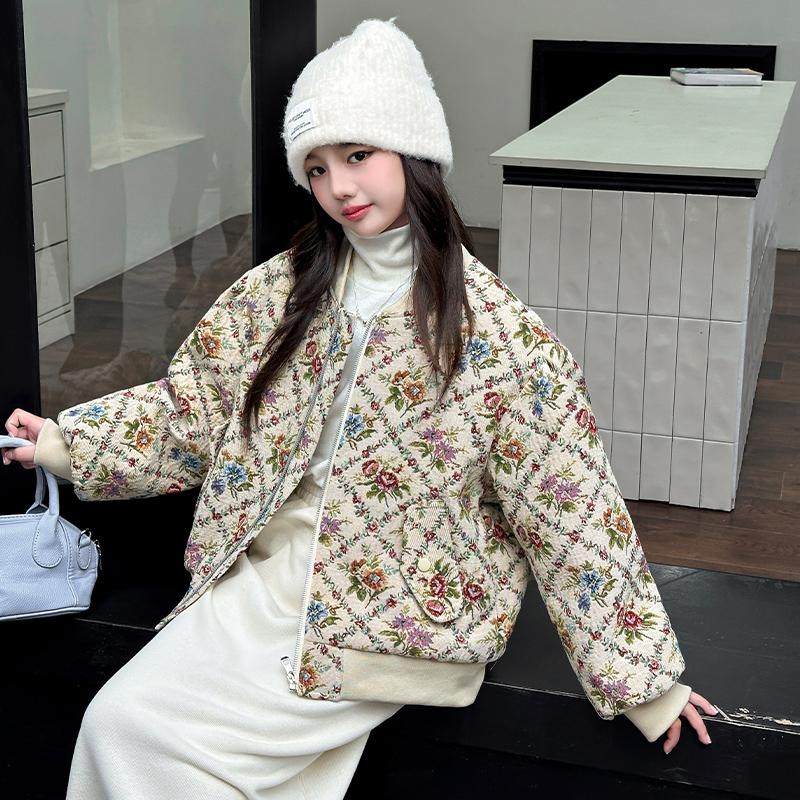 女童2025秋冬新款复古油画碎花夹棉棒球服中大童提花加棉棉衣外套