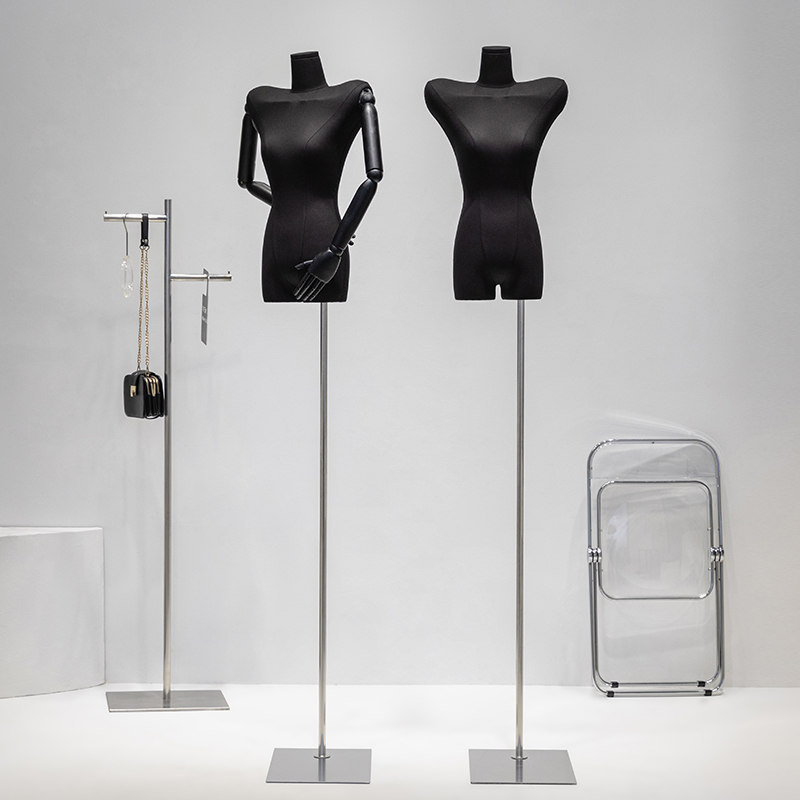服装店黑色耸肩直角平肩模特道具女半身人偶女装店橱窗展示架全身
