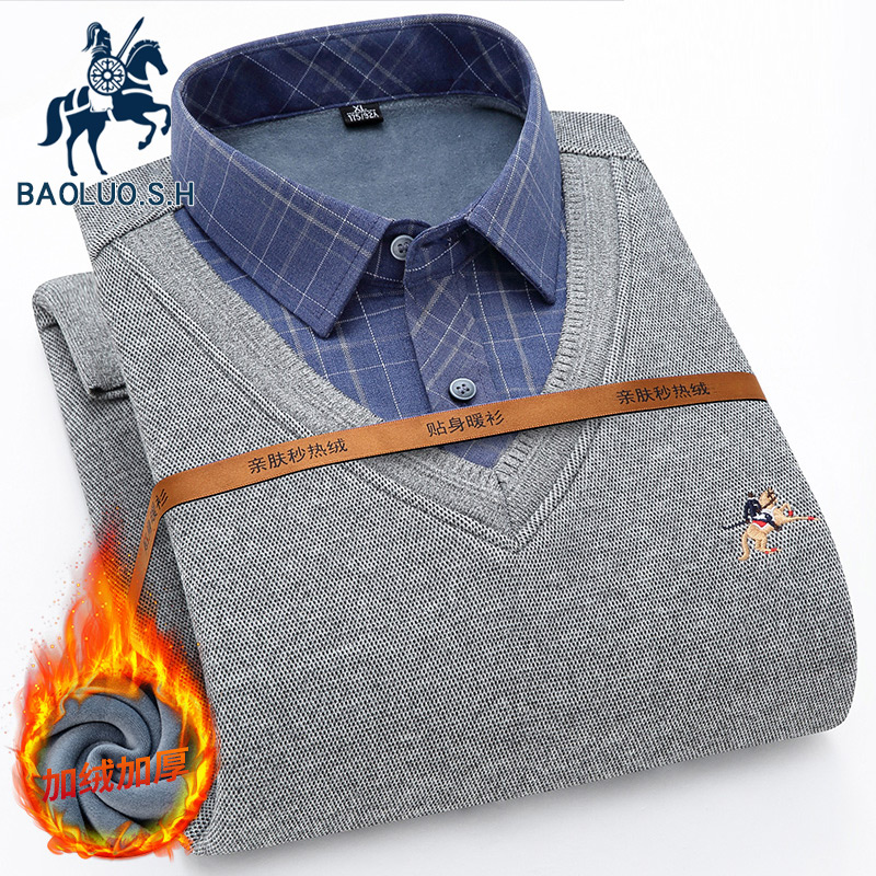 保罗冬季男士保暖衬衫加绒加厚长袖假两件中青年修身针织套头毛衣