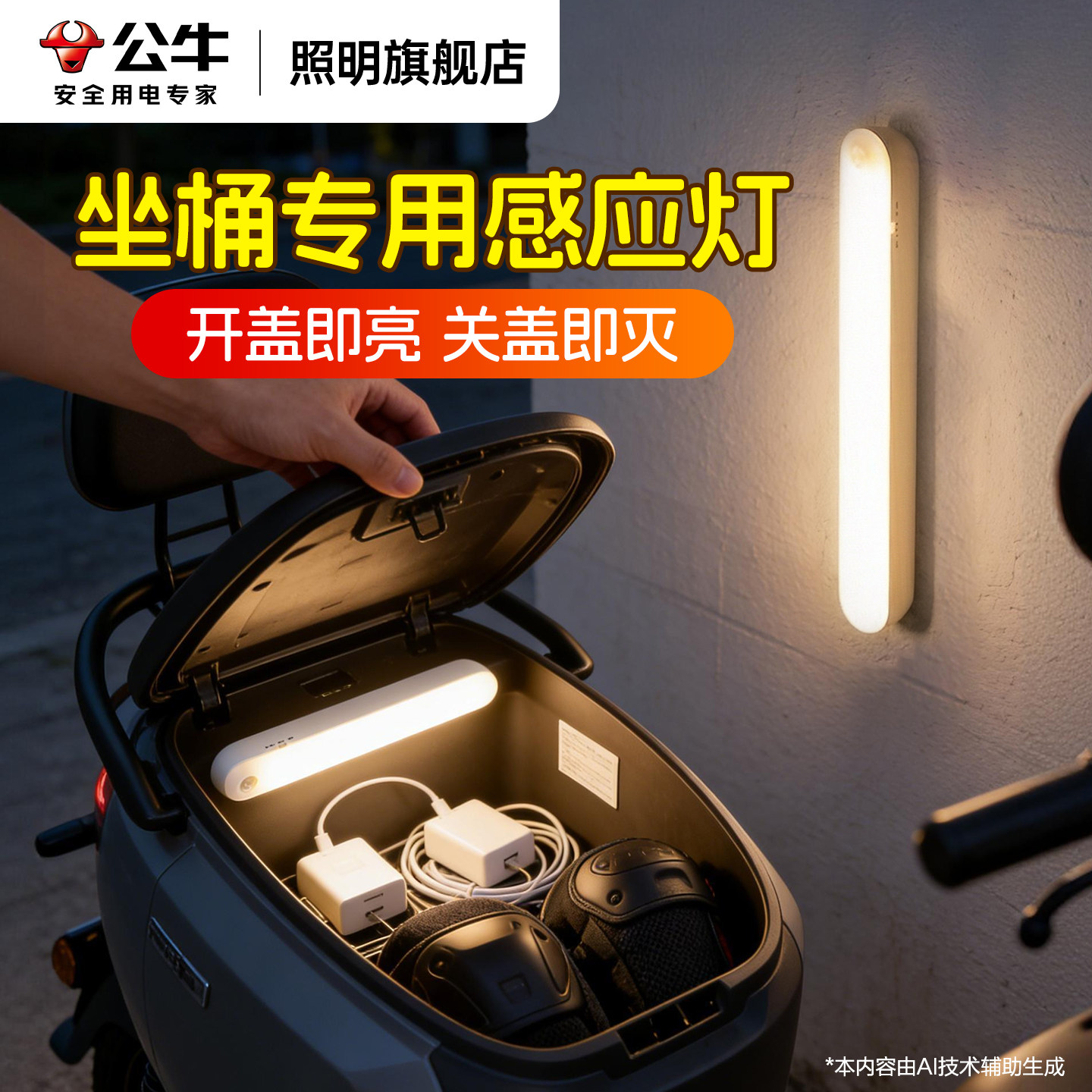 公牛电动车摩托车坐桶感应灯黑科技配件超亮免接线座桶灯照明灯