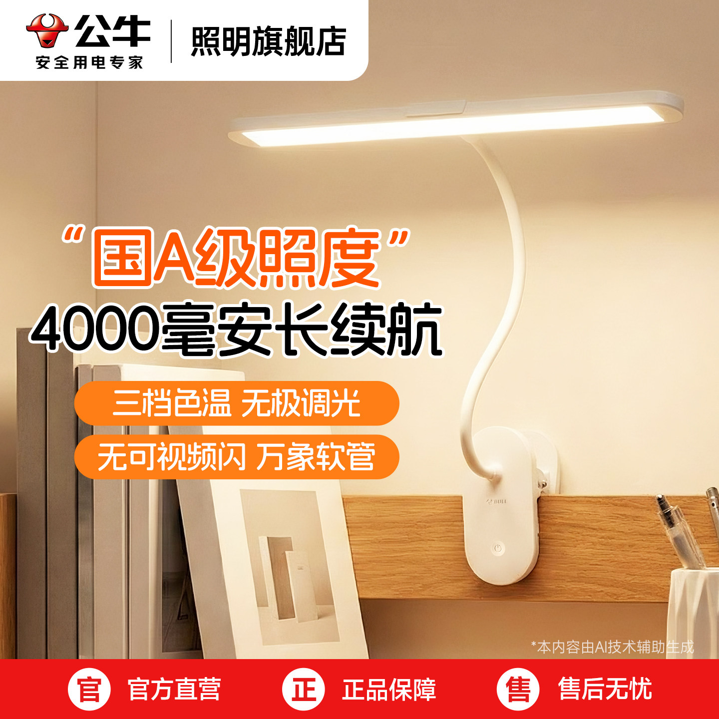 公牛可充电式小台灯中大学生宿舍学习护眼专用床头上阅读灯夹子式