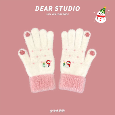 可爱雪人毛绒针织五指手套女秋冬季骑行保暖加绒可触屏分指手套潮