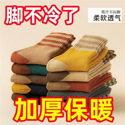 条纹袜子男女中高筒袜冬季ins潮保暖复古日系毛圈长袜男滑雪袜