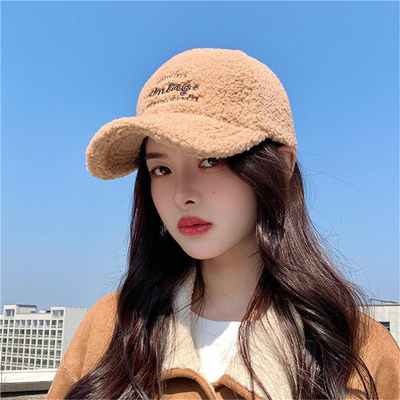 羊羔绒帽子女秋冬季百搭保暖棒球帽羊羔毛绒冬天大头围时尚鸭舌帽