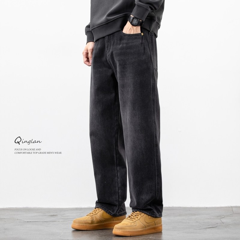 轻澜水洗牛仔裤男直筒宽松阔腿大码潮流休闲青少年黑色裤子秋冬款