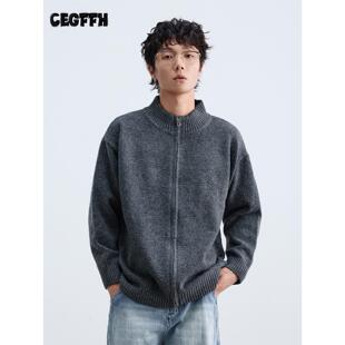 CEGFFH美式复古立领双头拉链开衫毛衣外套男女潮牌宽松针织衫上衣