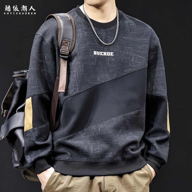 提花撞色拼接卫衣男士2025秋季新款潮牌大码休闲高端秋冬加绒衣服