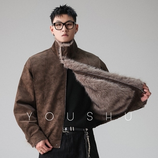 有术正肩剪裁皮毛一体皮棉衣男冬季 复古加厚棉服皮衣潮 2025新款