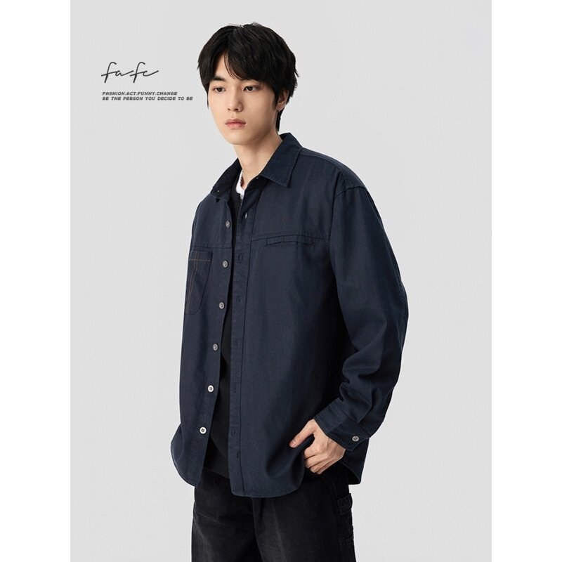 FAFC秋季新款天丝仿牛仔长袖衬衫男美式宽松休闲翻领口袋衬衣外套