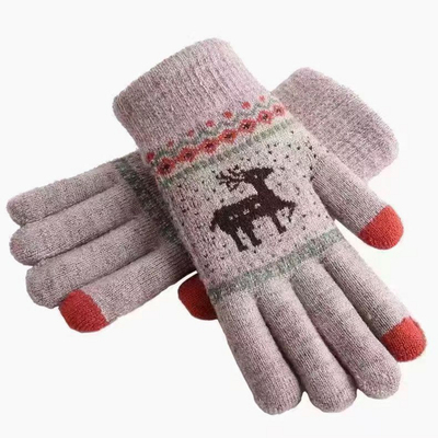 韩版可爱加厚小鹿手套女冬针织五指触屏毛线保暖学生骑行手套