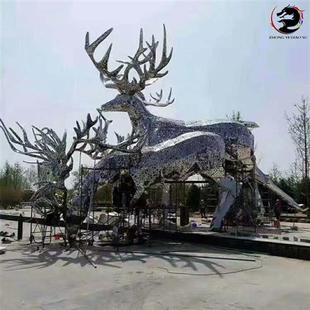 不锈钢鹿雕塑镂空镜面铁艺发光几何鹿玻璃钢招财福鹿大型户外摆件
