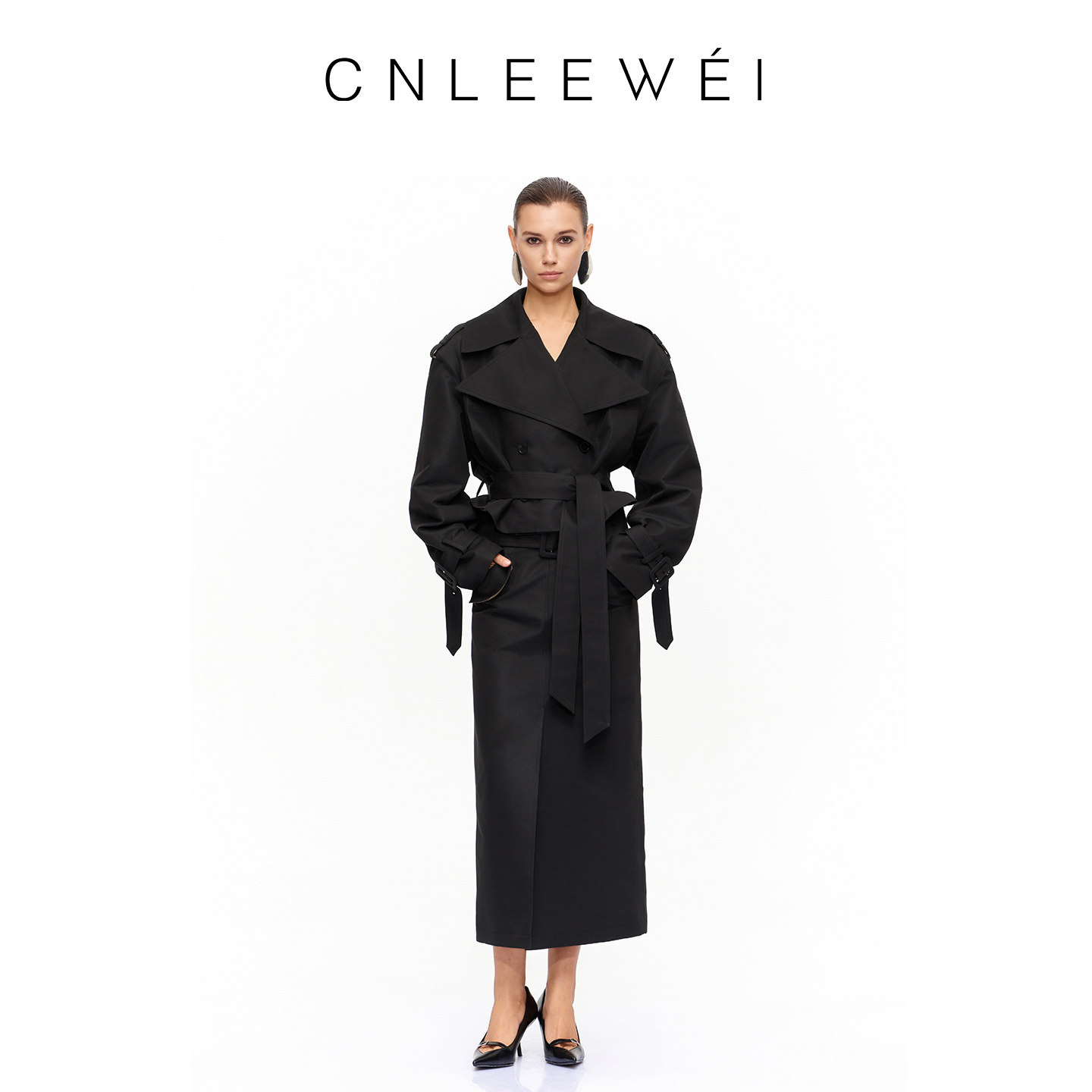 CNLEEWEI2026年秋季新款收腰大翻领印花里布短款风衣女外套