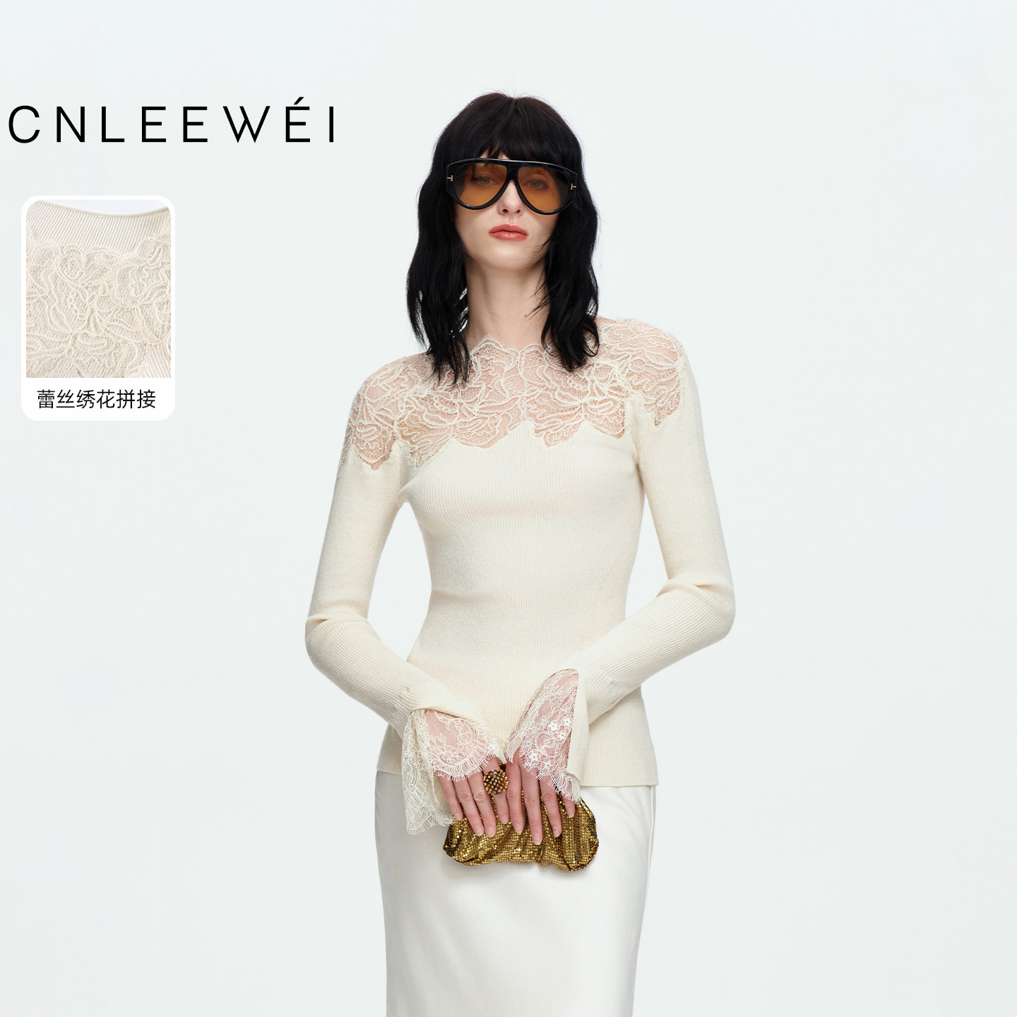 CNLEEWEI26秋冬新款复古风修身蕾丝绣花拼接喇叭袖套头毛织上衣女