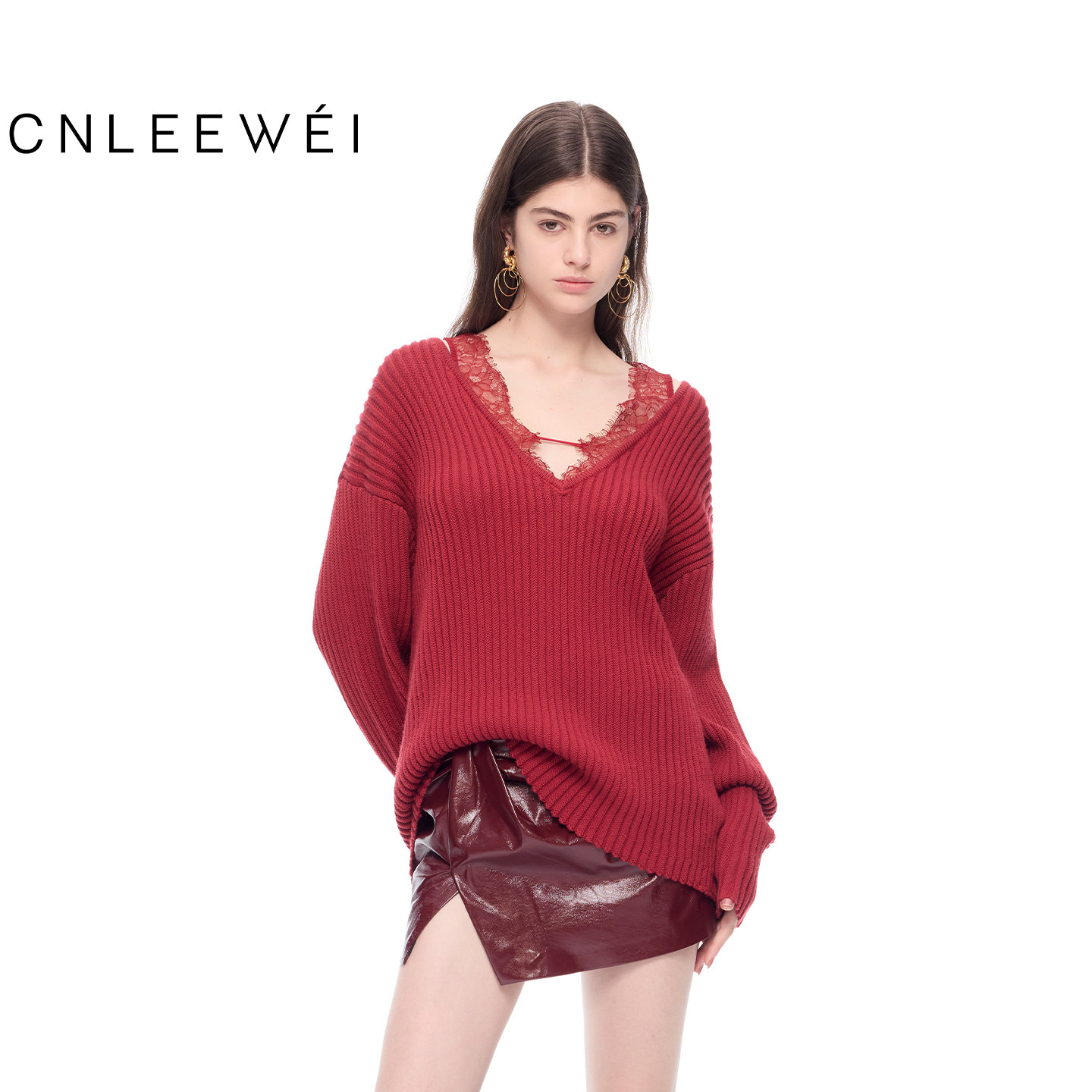 【张艺凡同款】CNLEEWEI 秋宽松坑条V领毛衣蕾丝拼接毛织上衣女