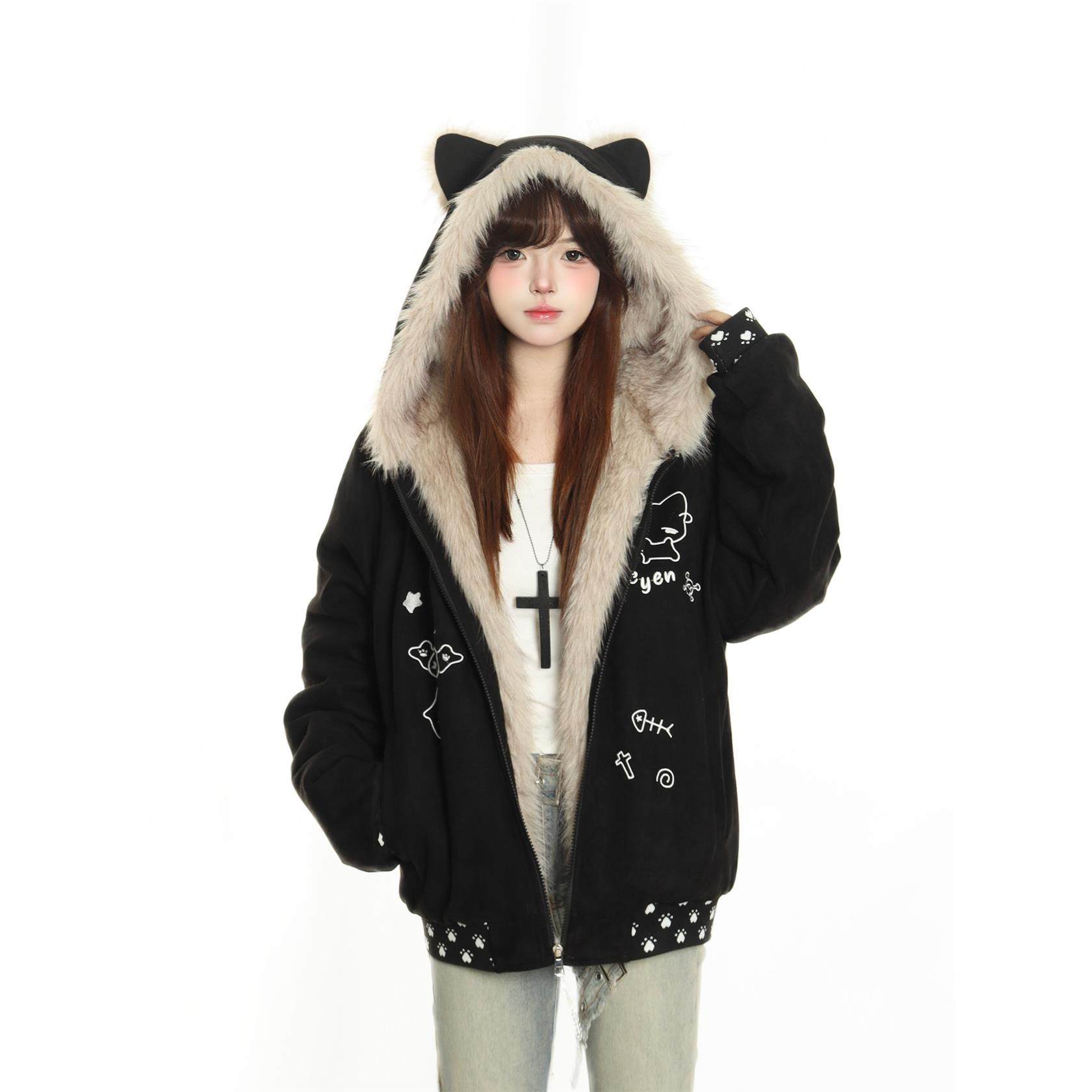 美式覆古座山雕猫耳朵连帽棉服外套女冬季宽松慵懒风加厚保暖棉衣