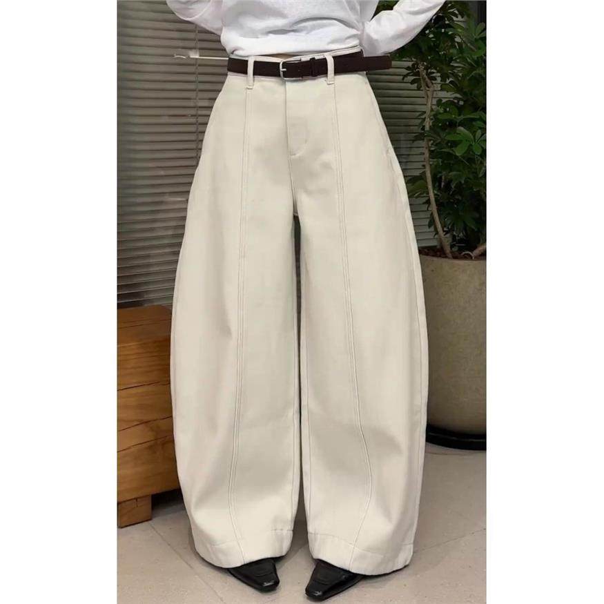 韩系设计感弯刀休闲裤2025冬季新款加绒高腰显瘦宽松阔腿裤