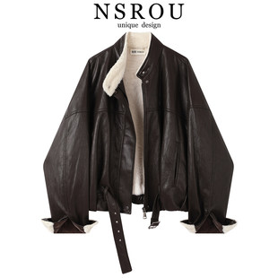 覆古美拉德羊羔毛立领短款皮衣女士秋冬季美式加绒厚机车夹克外套