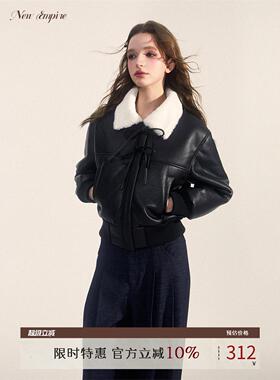NEW EMPIRE25冬季皮毛一体机车服夹克加厚加绒黑色皮衣外套女