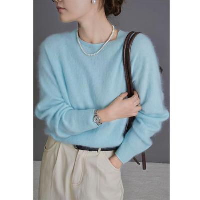 高级感蓝色圆领羊毛衫女