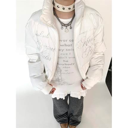 atrandom 短款毛领棉服帽子可拆卸黑白外套女冬季新款修身棉衣