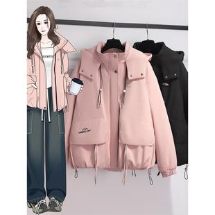 连帽工装棉服短款外套女冬季新款胖mm大码户外防水防风派克服棉衣