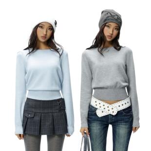 Audwyn羊毛混纺圆领针织上衣女秋冬显瘦设计感收腰宽松打底毛衣