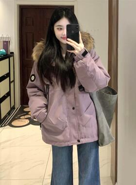 派克服棉服女款2025新款冬季连帽大毛领工装加绒加厚紫色棉衣外套