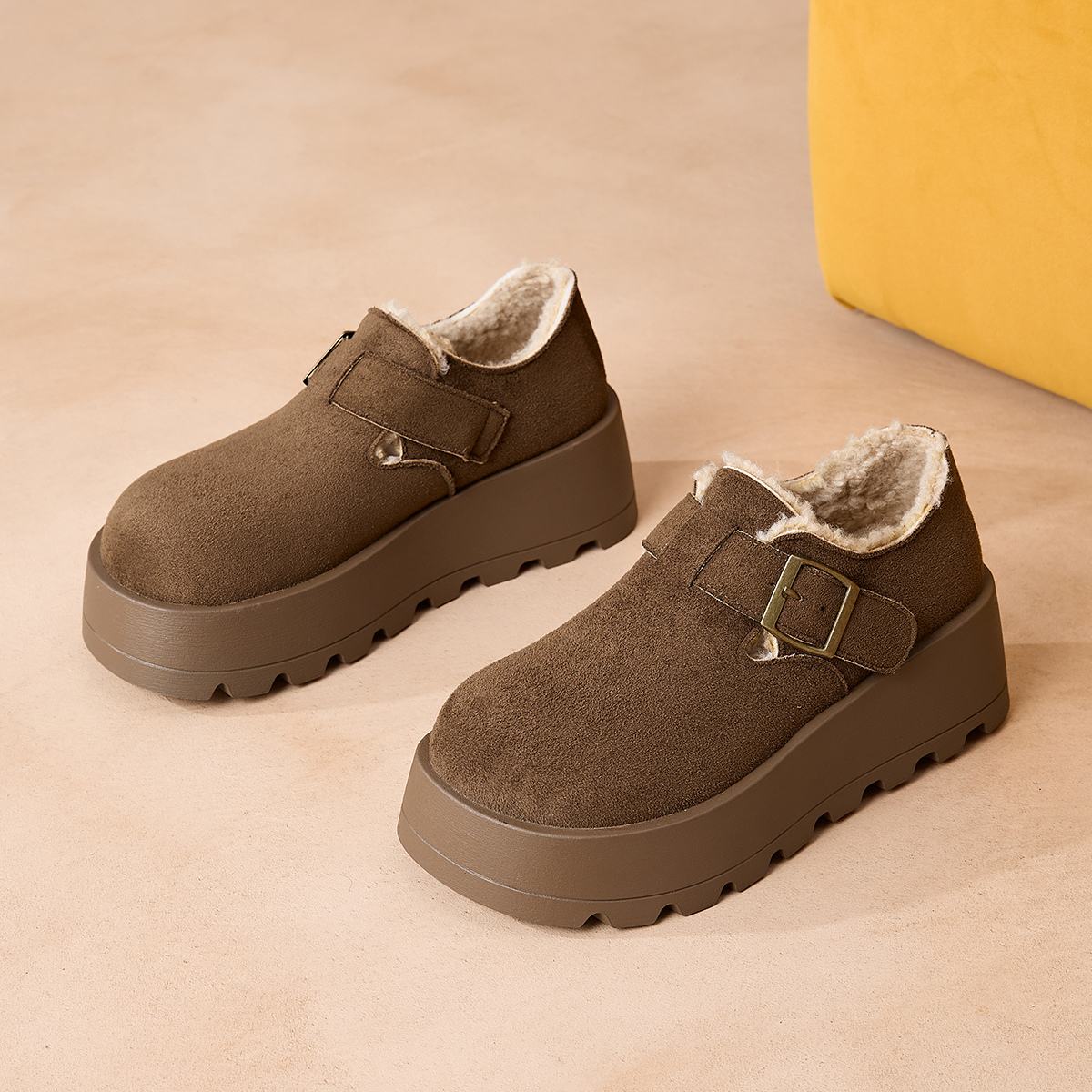 厚底勃肯鞋女加绒保暖包头拖鞋魔术贴增高懒人鞋2025新款