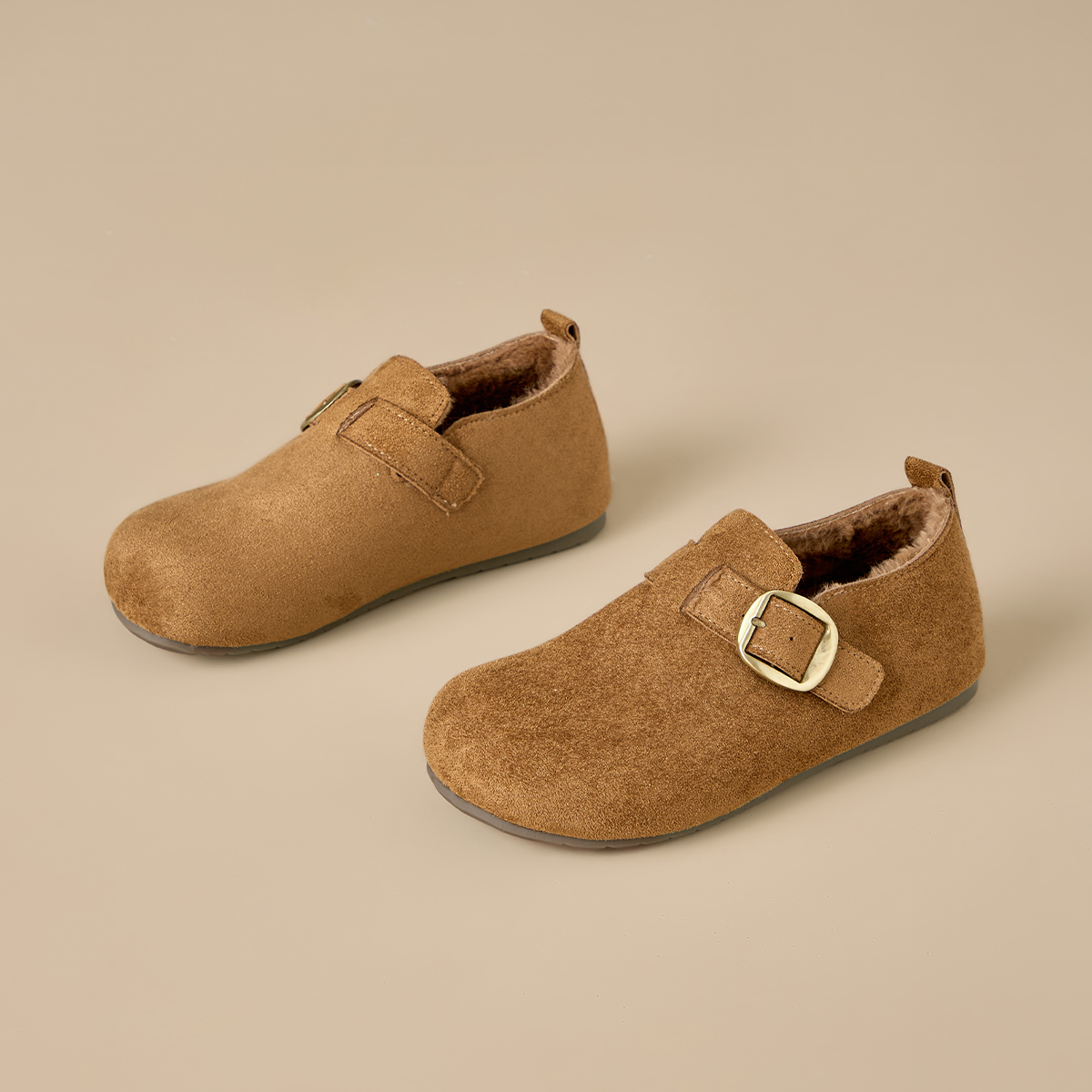 秋冬加绒勃肯鞋女粗跟反绒皮金属扣毛毛鞋休闲单鞋女冬季一脚蹬