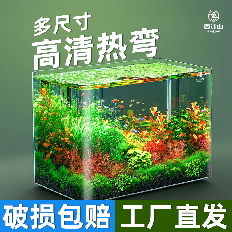 鱼缸客厅小型鱼缸透明热弯玻璃金鱼缸带氧气灯光造景水族箱创意