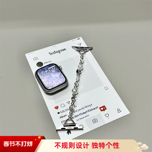 不规则细链黑胆石表带iwatchs11金属珍珠水晶手链串珠弹力腕带s10