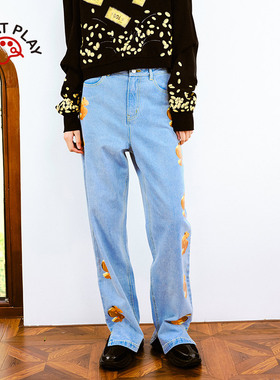 INNAT PLAY2025秋冬款印花宽松百搭裤脚开叉牛仔裤女裤PL11DE010A