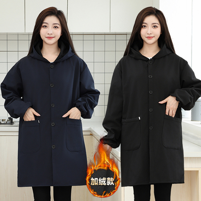 女士加绒新款罩衣厨房家用防水防油大码围裙秋冬季加厚外套工作服